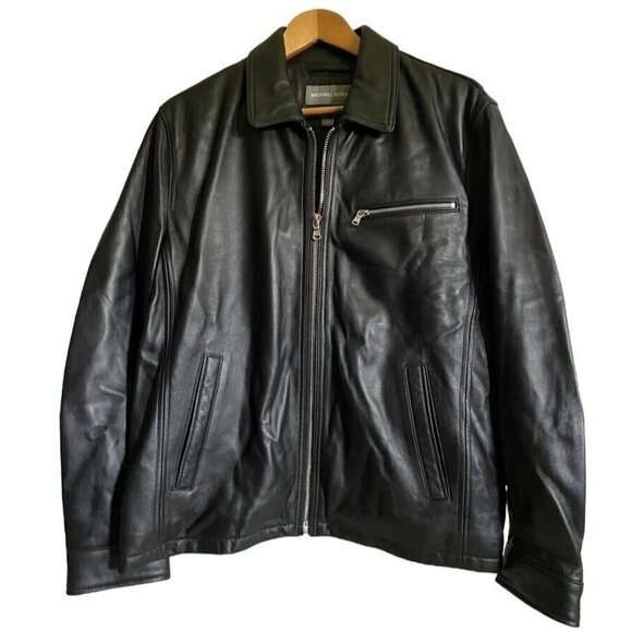 Michael Kors Mens L Black Leather Jacket Coat #121545 Zip Adjustable Cuffs & Hem - Picture 1 of 7